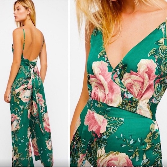 Free People Green and Pink Floral Jumpsuit with Plunging V-neckline - Picture 1 of 5